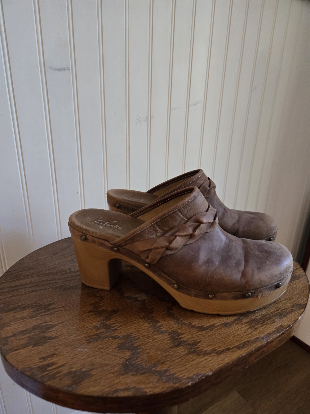 Clarks Brown Leather Braided Clog Mule